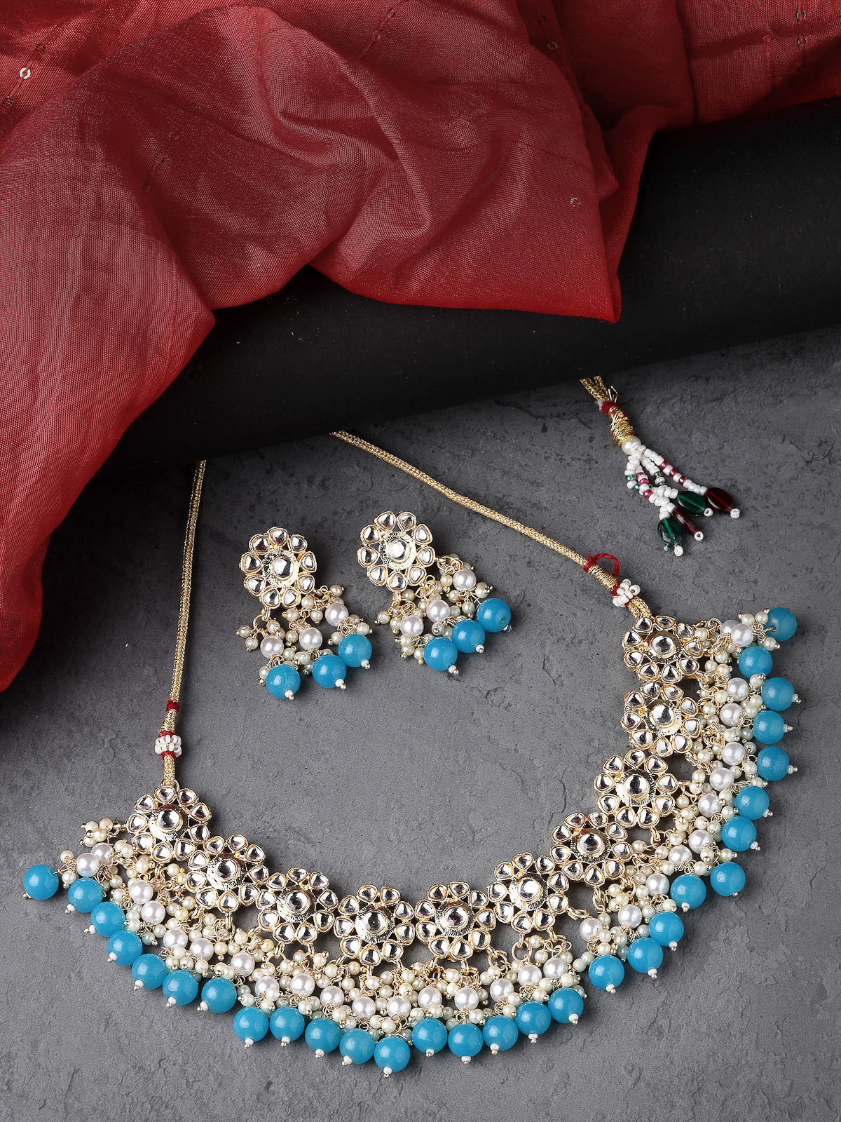Sukkhi Beautiful Floral Gold Plated White AD Stones with Beads Studded Aqua Blue Collarbone Necklace Set With Dangler Earrings|Jewellery Set For Women And Girls|Latest Design|NS105994