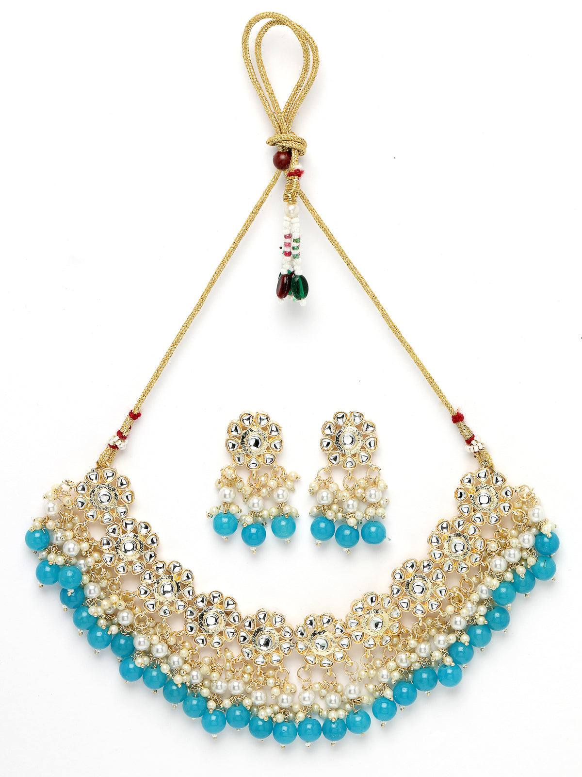 Sukkhi Beautiful Floral Gold Plated White AD Stones with Beads Studded Aqua Blue Collarbone Necklace Set With Dangler Earrings|Jewellery Set For Women And Girls|Latest Design|NS105994