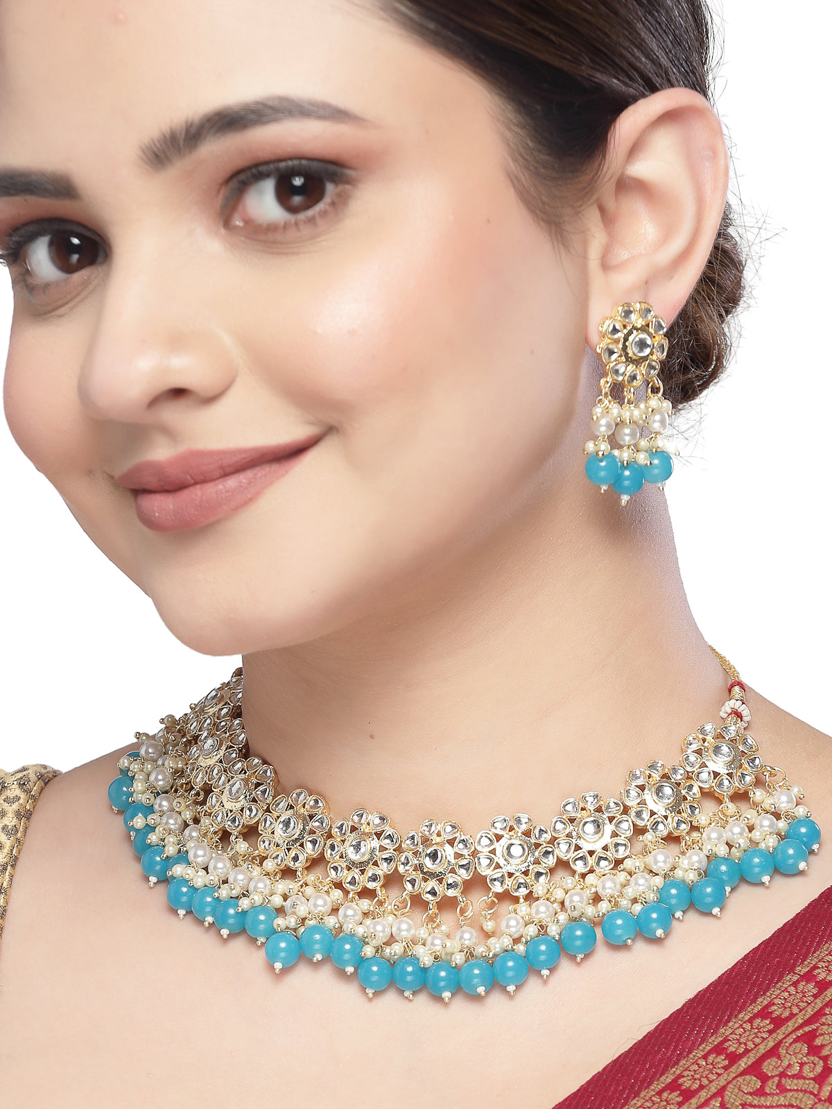 Sukkhi Beautiful Floral Gold Plated White AD Stones with Beads Studded Aqua Blue Collarbone Necklace Set With Dangler Earrings|Jewellery Set For Women And Girls|Latest Design|NS105994