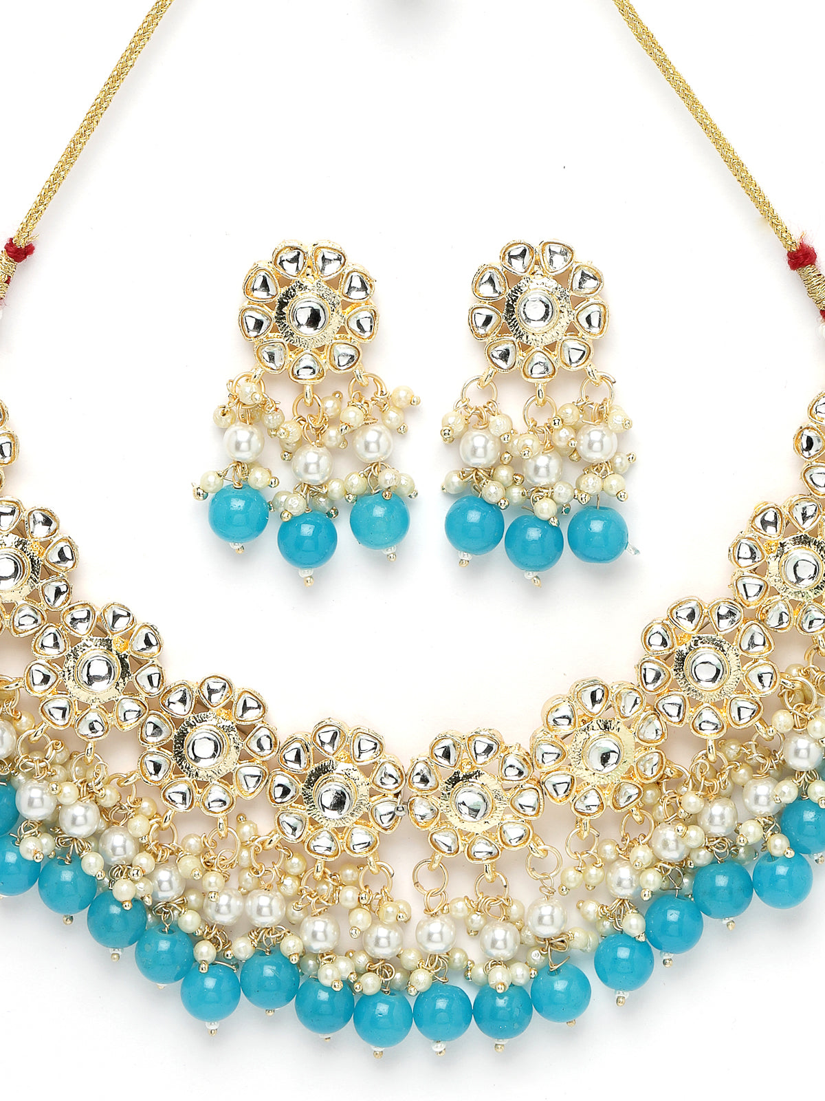 Sukkhi Beautiful Floral Gold Plated White AD Stones with Beads Studded Aqua Blue Collarbone Necklace Set With Dangler Earrings|Jewellery Set For Women And Girls|Latest Design|NS105994