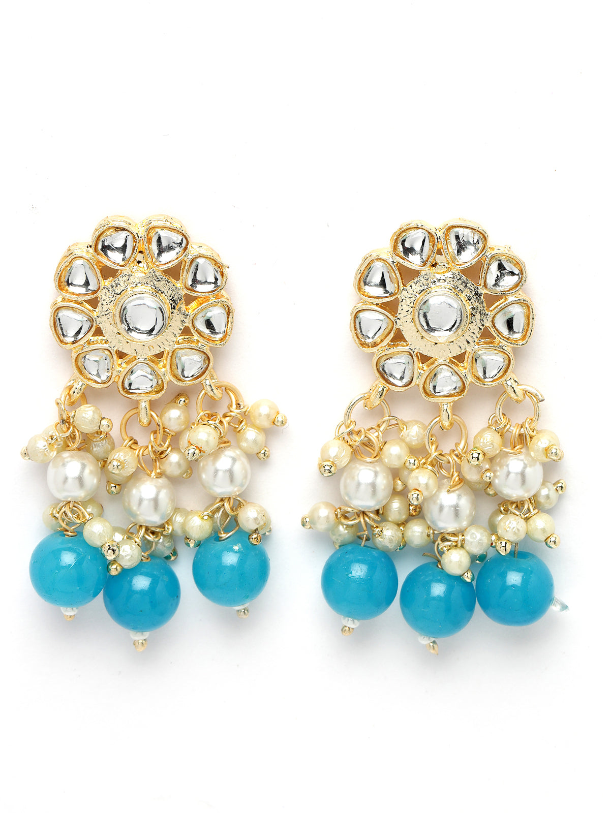 Sukkhi Beautiful Floral Gold Plated White AD Stones with Beads Studded Aqua Blue Collarbone Necklace Set With Dangler Earrings|Jewellery Set For Women And Girls|Latest Design|NS105994