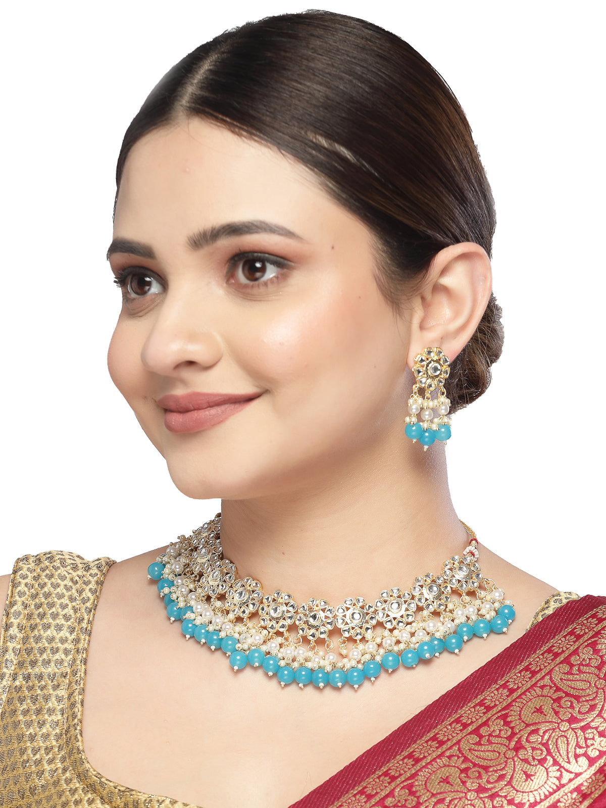 Sukkhi Beautiful Floral Gold Plated White AD Stones with Beads Studded Aqua Blue Collarbone Necklace Set With Dangler Earrings|Jewellery Set For Women And Girls|Latest Design|NS105994