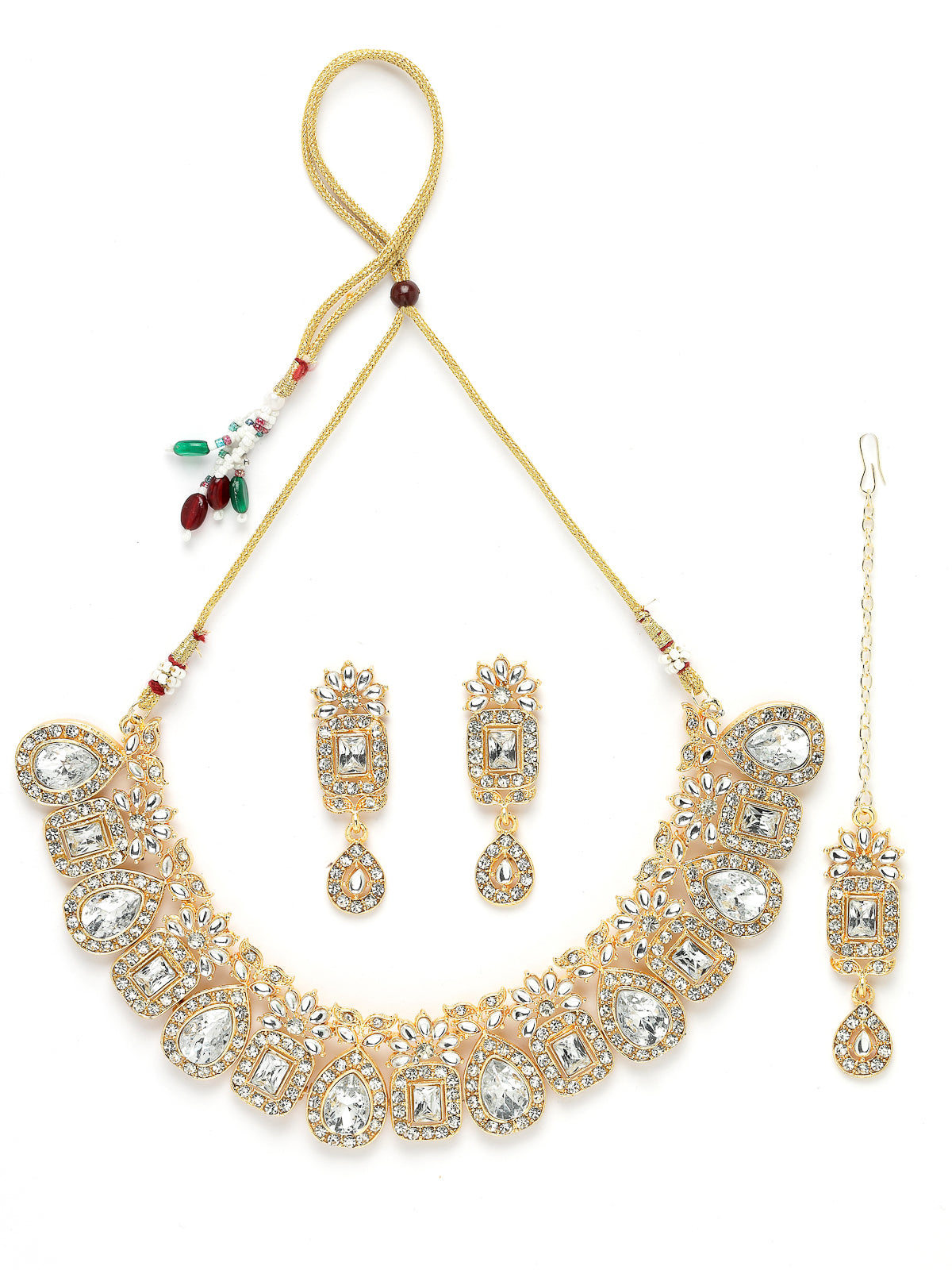 Sukkhi New Ethnic Fashionable Gold Plated White AD Stones Studded Drop with Squared Shaped Collarbone Necklace Set With Drop Earrings Maangtika|Jewellery Set For Women And Girls|Latest Design|NS105996
