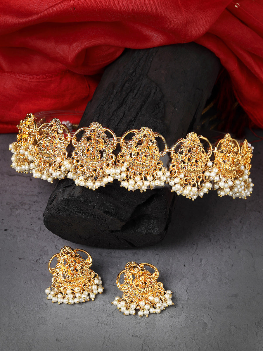 Sukkhi South Indian Temple Gold Plated White Beaded Collarbone Necklace Set with Studs Earrings|Jewellery Set for Women & Girls|Latest Design|NS106010