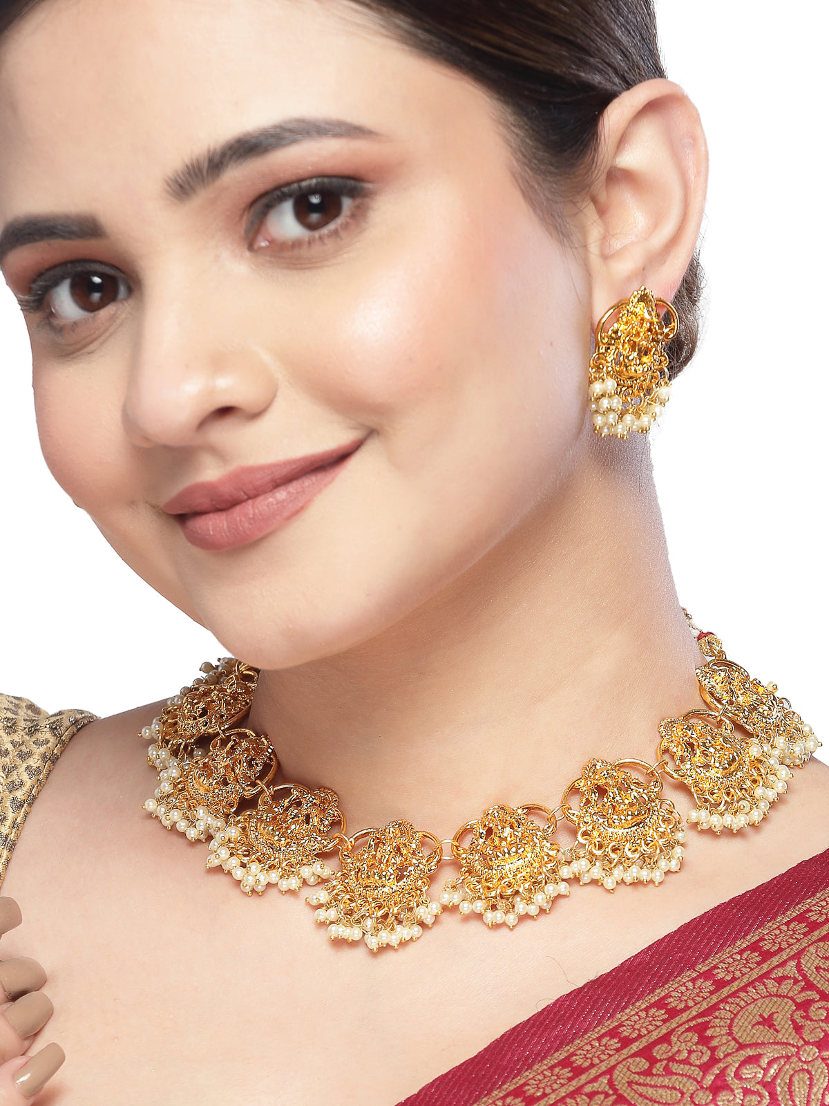 Sukkhi South Indian Temple Gold Plated White Beaded Collarbone Necklace Set with Studs Earrings|Jewellery Set for Women & Girls|Latest Design|NS106010
