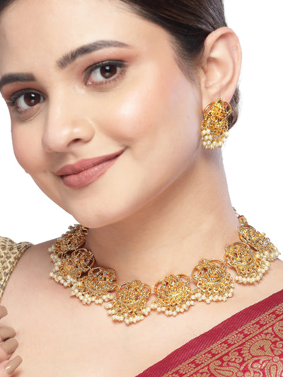 Sukkhi South Indian Temple Gold Plated White Beaded Collarbone Necklace Set with Studs Earrings|Jewellery Set for Women & Girls|Latest Design|NS106010
