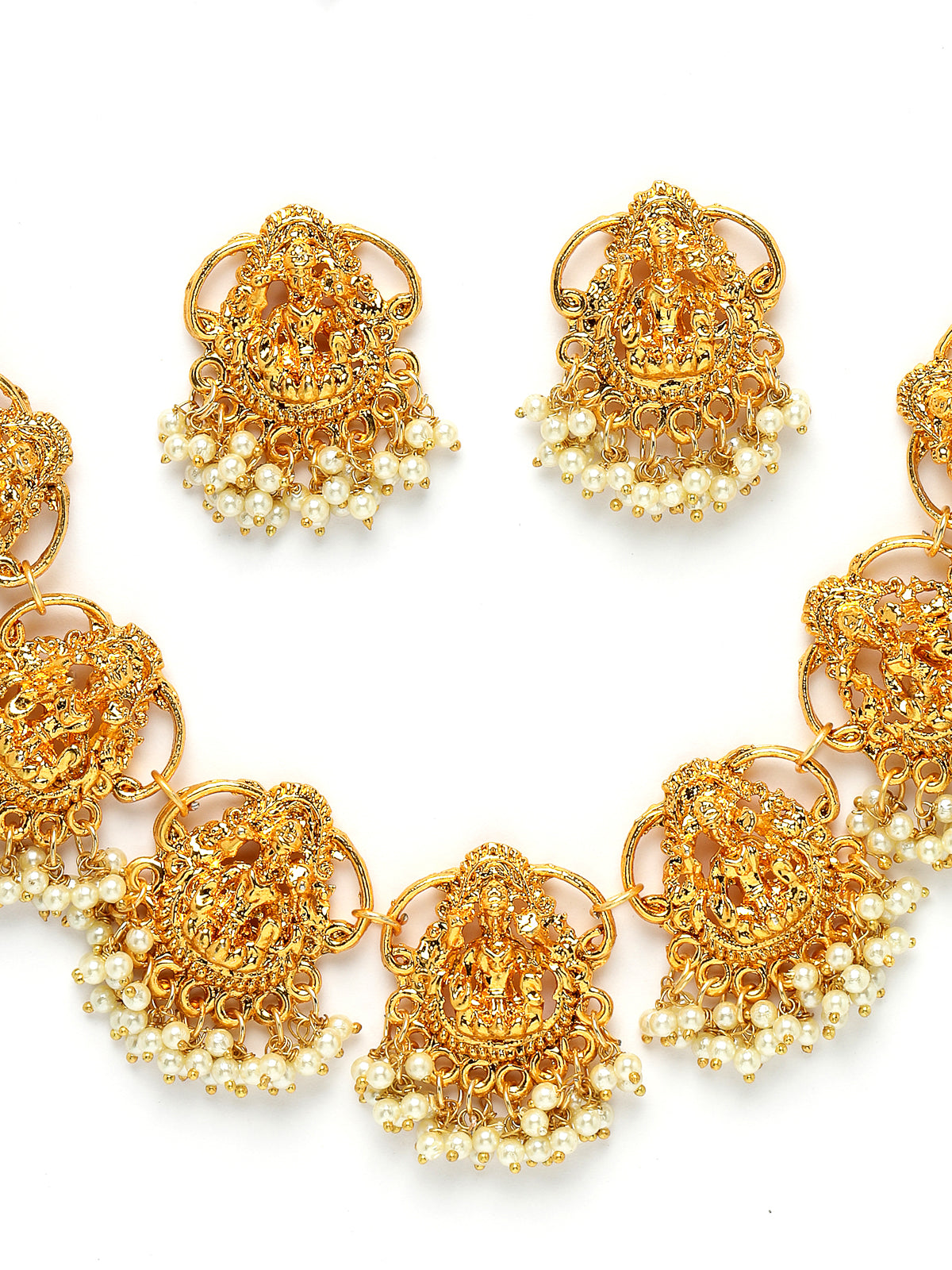 Sukkhi South Indian Temple Gold Plated White Beaded Collarbone Necklace Set with Studs Earrings|Jewellery Set for Women & Girls|Latest Design|NS106010