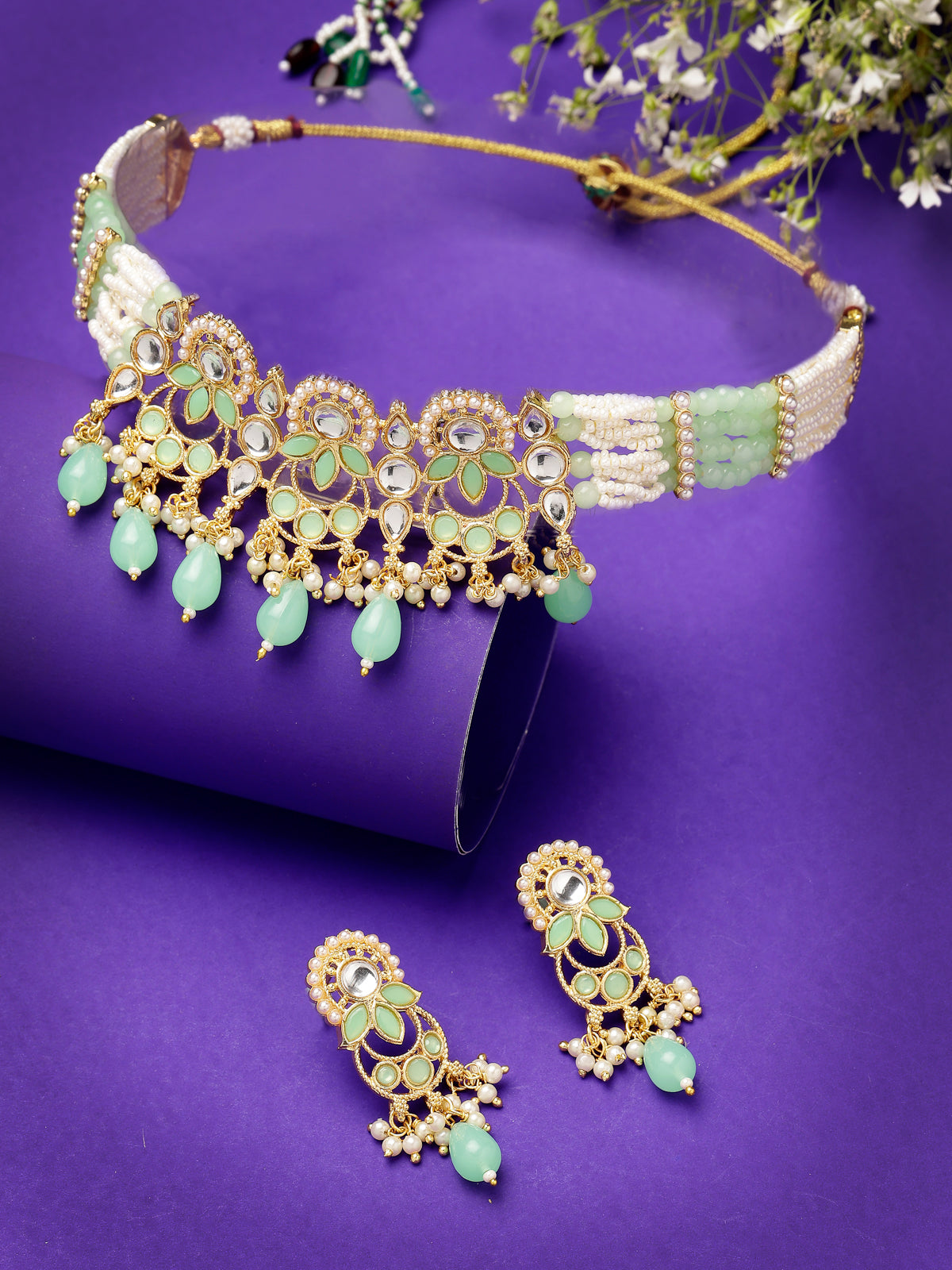 Sukkhi Attractive Gold Plated Pearls With AD Stones Studded Mint Green Multistrand Adjustable Choker Necklace Set & Studs Earrings For Women & Girls|Set of 1|NS106042