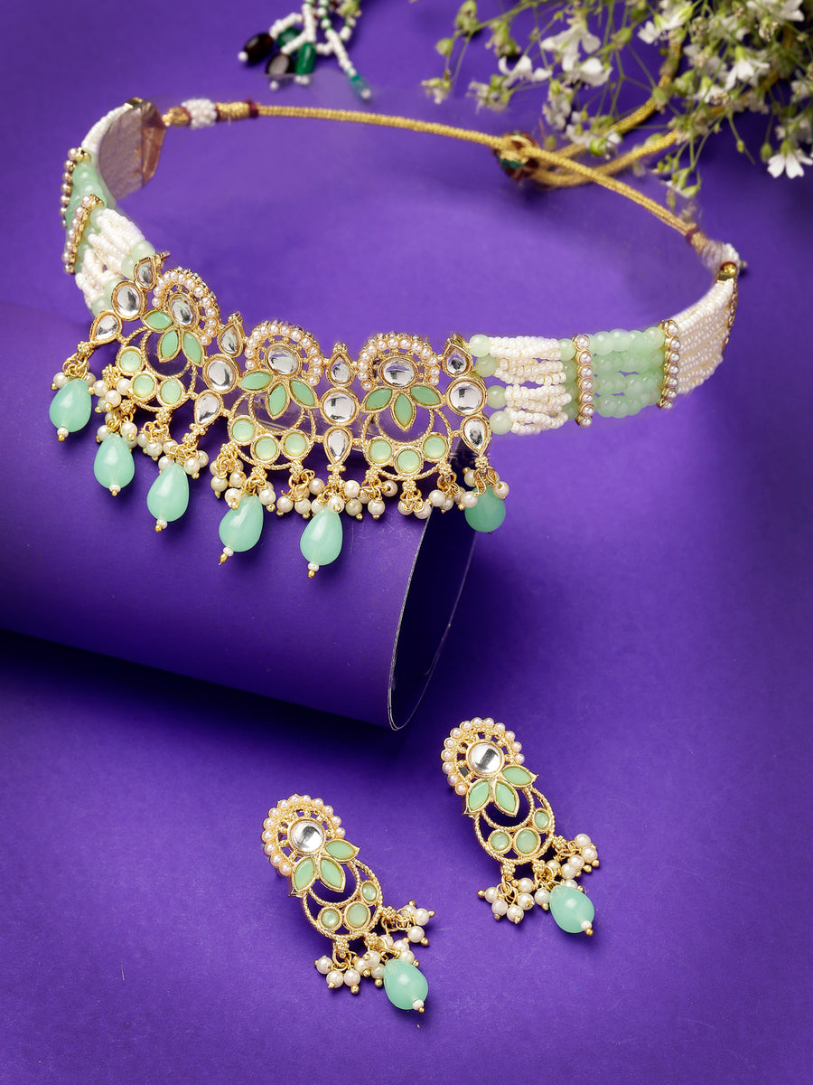 Sukkhi Attractive Gold Plated Pearls With AD Stones Studded Mint Green Multistrand Adjustable Choker Necklace Set & Studs Earrings For Women & Girls|Set of 1|NS106042