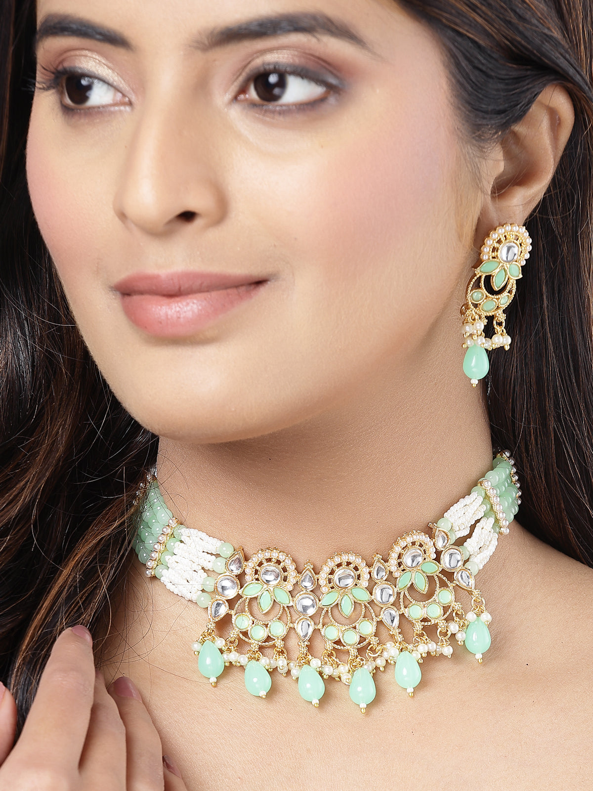 Sukkhi Attractive Gold Plated Pearls With AD Stones Studded Mint Green Multistrand Adjustable Choker Necklace Set & Studs Earrings For Women & Girls|Set of 1|NS106042