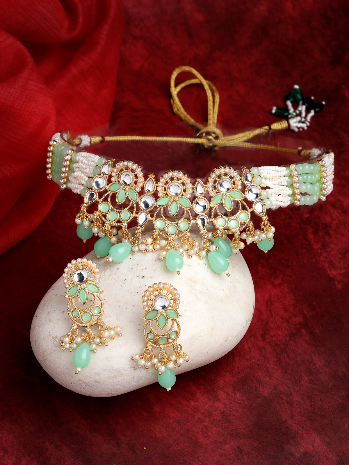 Sukkhi Attractive Gold Plated Pearls With AD Stones Studded Mint Green Multistrand Adjustable Choker Necklace Set & Studs Earrings For Women & Girls|Set of 1|NS106042