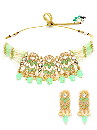 Sukkhi Attractive Gold Plated Pearls With AD Stones Studded Mint Green Multistrand Adjustable Choker Necklace Set & Studs Earrings For Women & Girls|Set of 1|NS106042