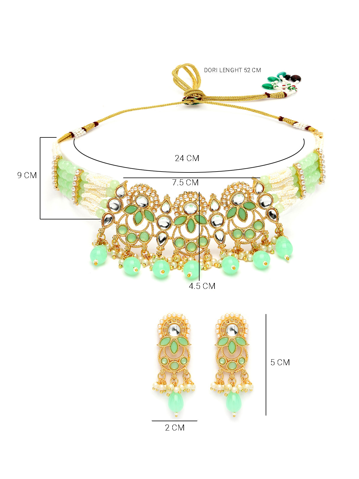 Sukkhi Attractive Gold Plated Pearls With AD Stones Studded Mint Green Multistrand Adjustable Choker Necklace Set & Studs Earrings For Women & Girls|Set of 1|NS106042