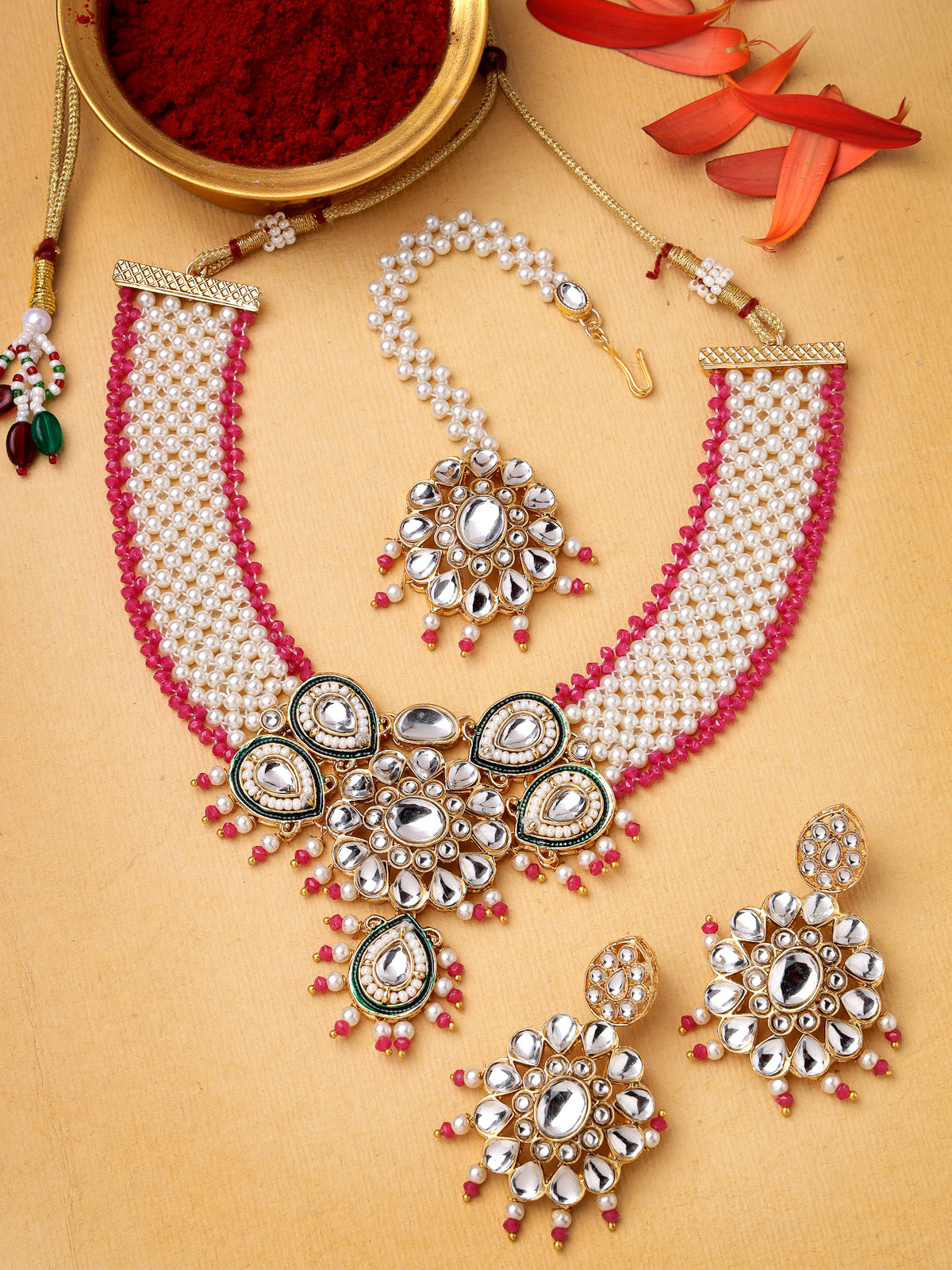 Sukkhi Pretty Pink Gold Tone White Pearls with Kundan Studded Choker Necklace Set with Floral Danger Earrings & Mangtikka Jewellery Set For Women & Girls|Set of 1|NS106043