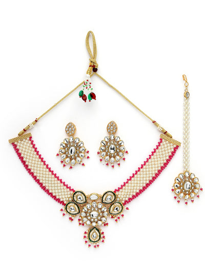 Sukkhi Pretty Pink Gold Tone White Pearls with Kundan Studded Choker Necklace Set with Floral Danger Earrings & Mangtikka Jewellery Set For Women & Girls|Set of 1|NS106043