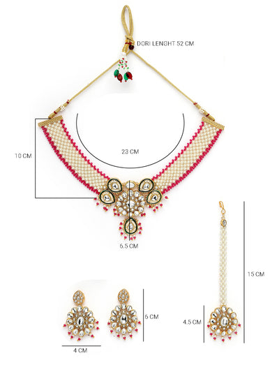 Sukkhi Pretty Pink Gold Tone White Pearls with Kundan Studded Choker Necklace Set with Floral Danger Earrings & Mangtikka Jewellery Set For Women & Girls|Set of 1|NS106043