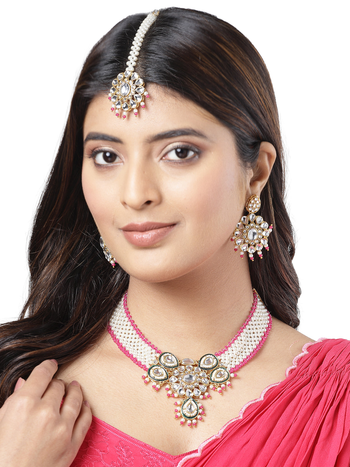 Sukkhi Pretty Pink Gold Tone White Pearls with Kundan Studded Choker Necklace Set with Floral Danger Earrings & Mangtikka Jewellery Set For Women & Girls|Set of 1|NS106043