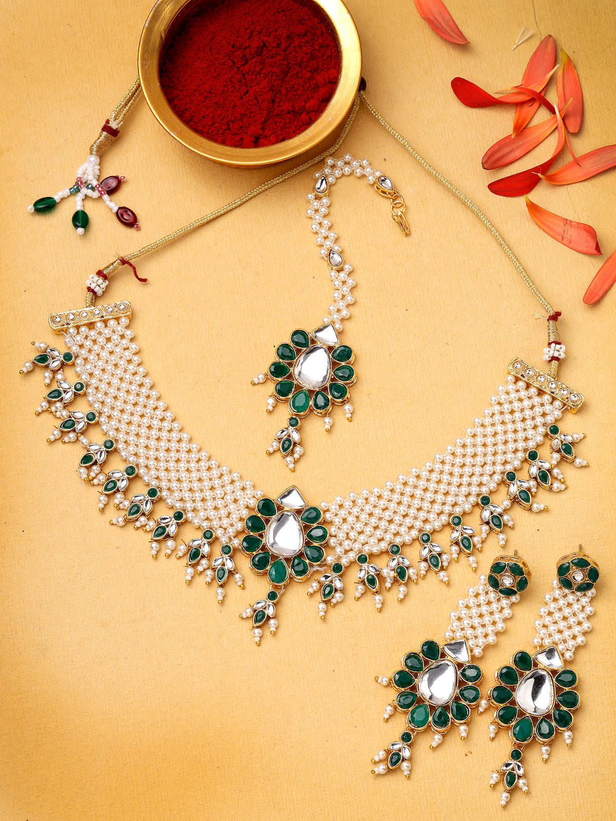Sukkhi Eye-Catchy Gold Tone White Pearls Green Choker Necklace Set with Long Danger Earrings & Maangtikka Jewellery Set For Women|Set of 1|NS106044