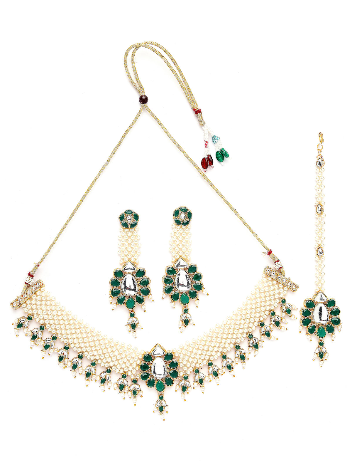 Sukkhi Eye-Catchy Gold Tone White Pearls Green Choker Necklace Set with Long Danger Earrings & Maangtikka Jewellery Set For Women|Set of 1|NS106044