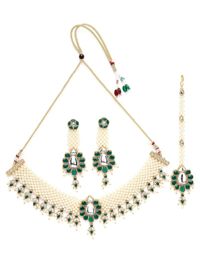 Sukkhi Eye-Catchy Gold Tone White Pearls Green Choker Necklace Set with Long Danger Earrings & Maangtikka Jewellery Set For Women|Set of 1|NS106044