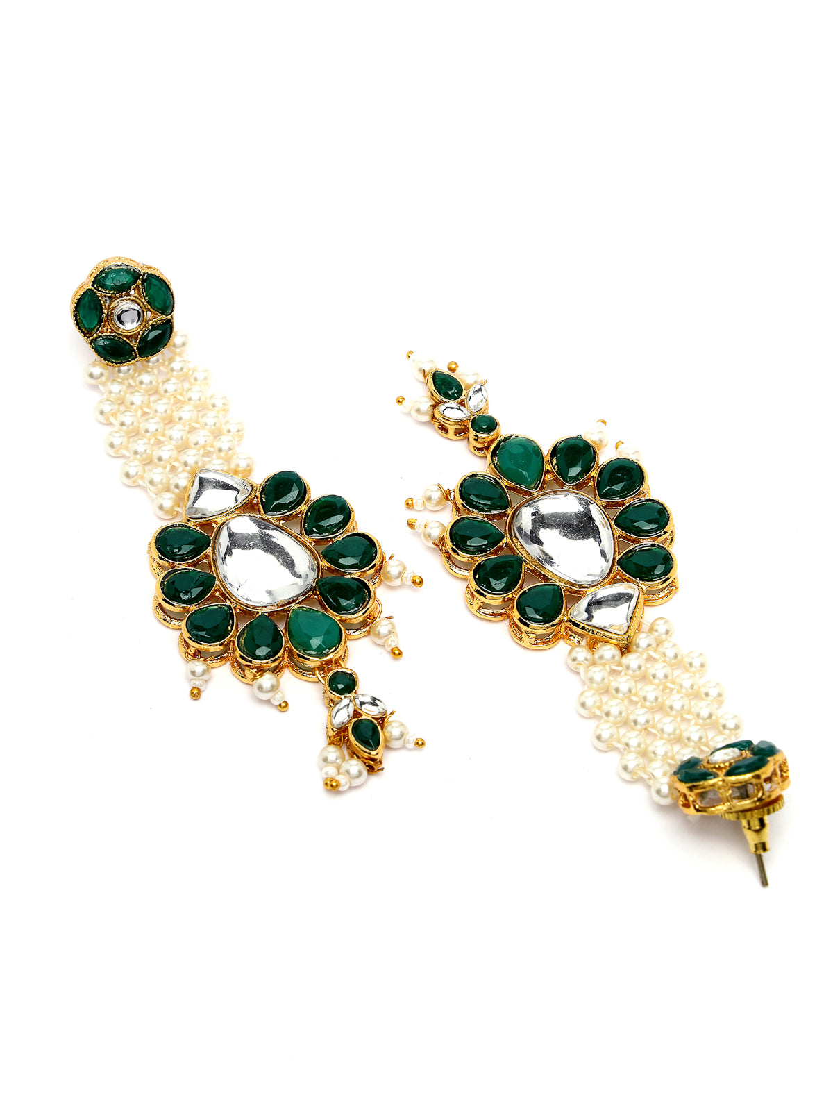 Sukkhi Eye-Catchy Gold Tone White Pearls Green Choker Necklace Set with Long Danger Earrings & Maangtikka Jewellery Set For Women|Set of 1|NS106044