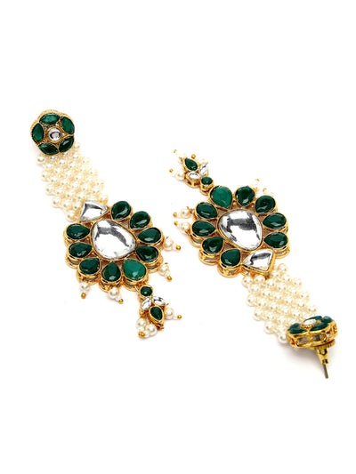 Sukkhi Eye-Catchy Gold Tone White Pearls Green Choker Necklace Set with Long Danger Earrings & Maangtikka Jewellery Set For Women|Set of 1|NS106044