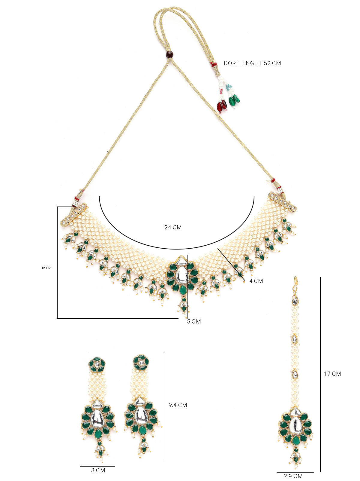 Sukkhi Eye-Catchy Gold Tone White Pearls Green Choker Necklace Set with Long Danger Earrings & Maangtikka Jewellery Set For Women|Set of 1|NS106044