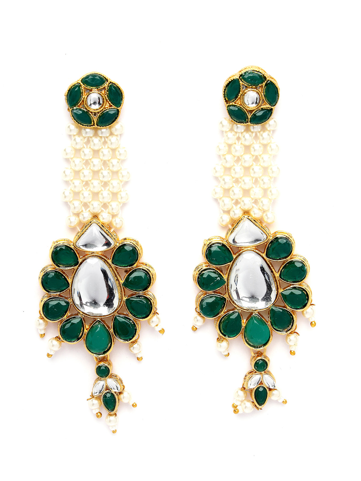 Sukkhi Eye-Catchy Gold Tone White Pearls Green Choker Necklace Set with Long Danger Earrings & Maangtikka Jewellery Set For Women|Set of 1|NS106044