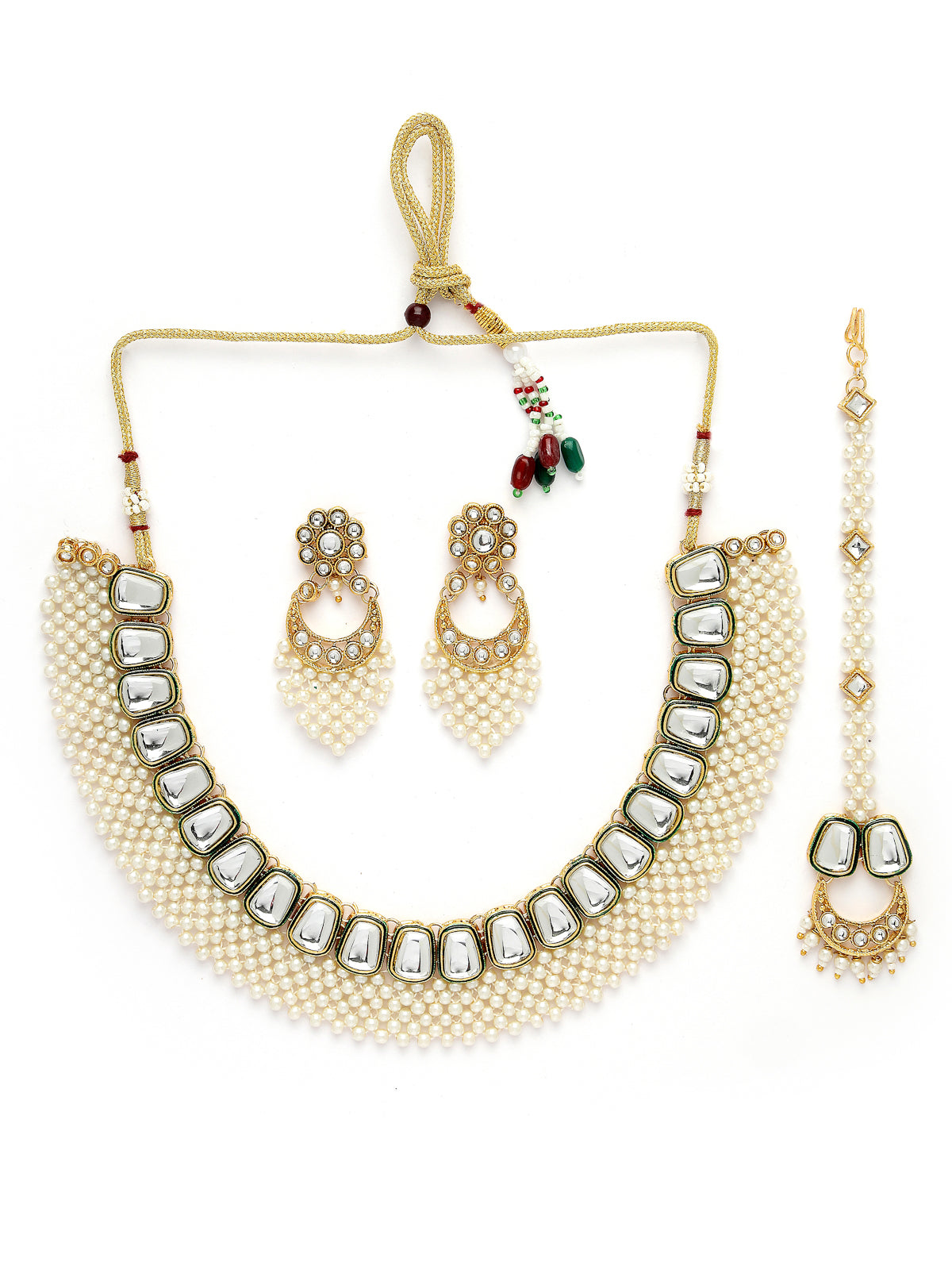 Sukkhi Glamorous Gold Tone Pearls with Crystals Stones Studded & Meenakari Work White Choker Necklace Set with Dangler Earrings & Maangtikka Jewellery Set For Women & Girls|Set of 1|NS106045