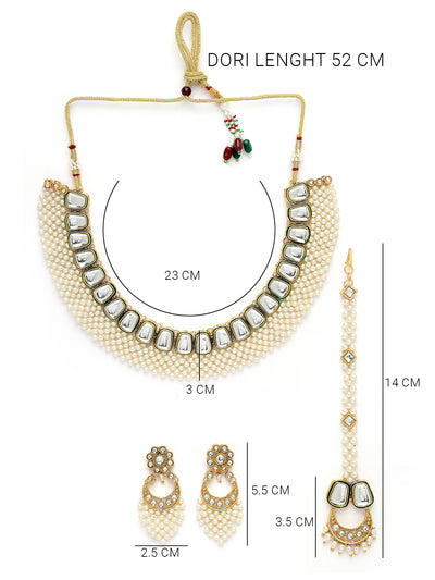 Sukkhi Glamorous Gold Tone Pearls with Crystals Stones Studded & Meenakari Work White Choker Necklace Set with Dangler Earrings & Maangtikka Jewellery Set For Women & Girls|Set of 1|NS106045