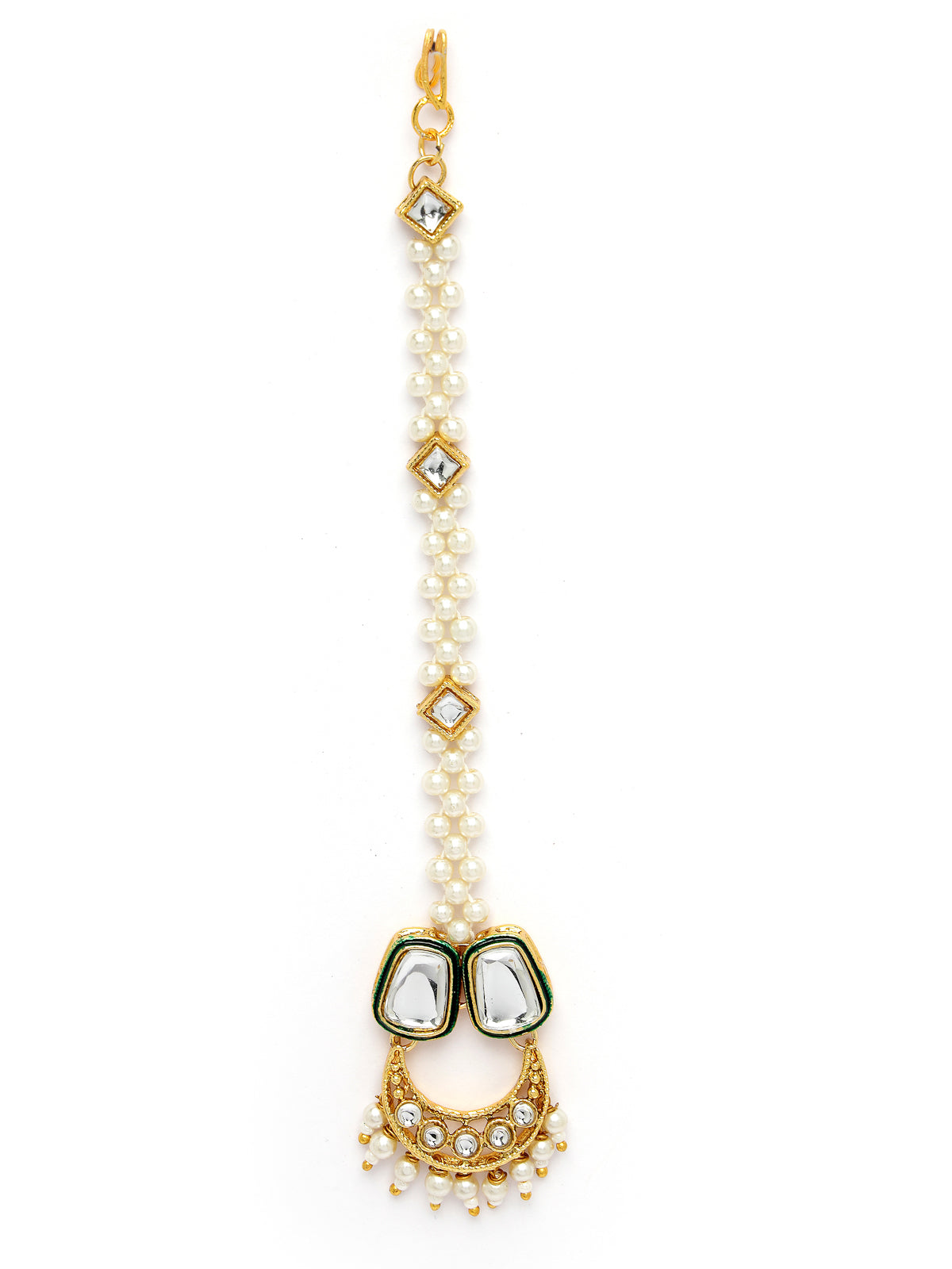 Sukkhi Glamorous Gold Tone Pearls with Crystals Stones Studded & Meenakari Work White Choker Necklace Set with Dangler Earrings & Maangtikka Jewellery Set For Women & Girls|Set of 1|NS106045