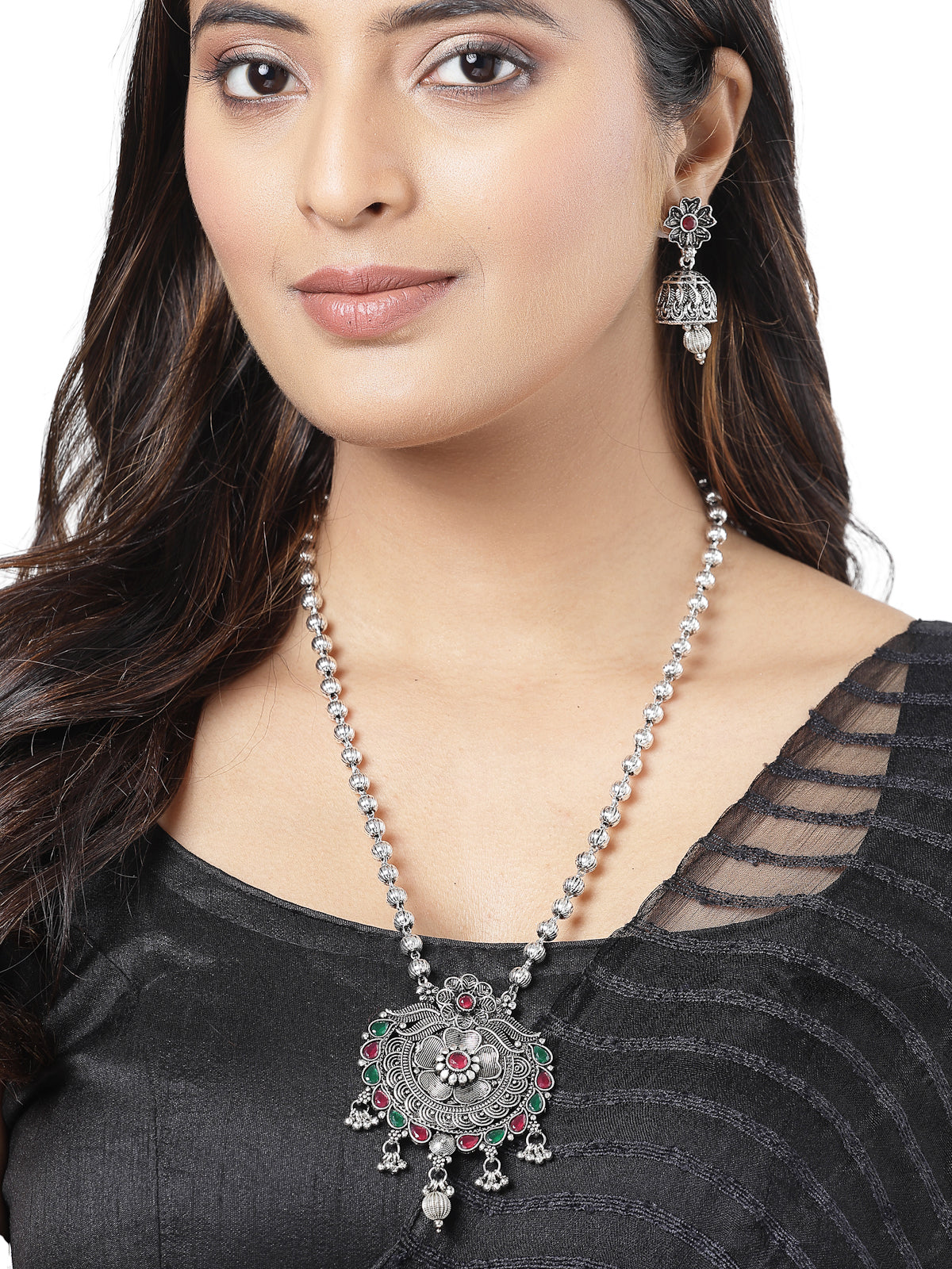 Sukkhi Classic Oxidised Rhodium Plated Silver Long Ball Chain with Floral Pendant Necklace Set & Jhumki/Jhumka Earrings Jewellery Set For Women & Girls|Set of 1|NS106046