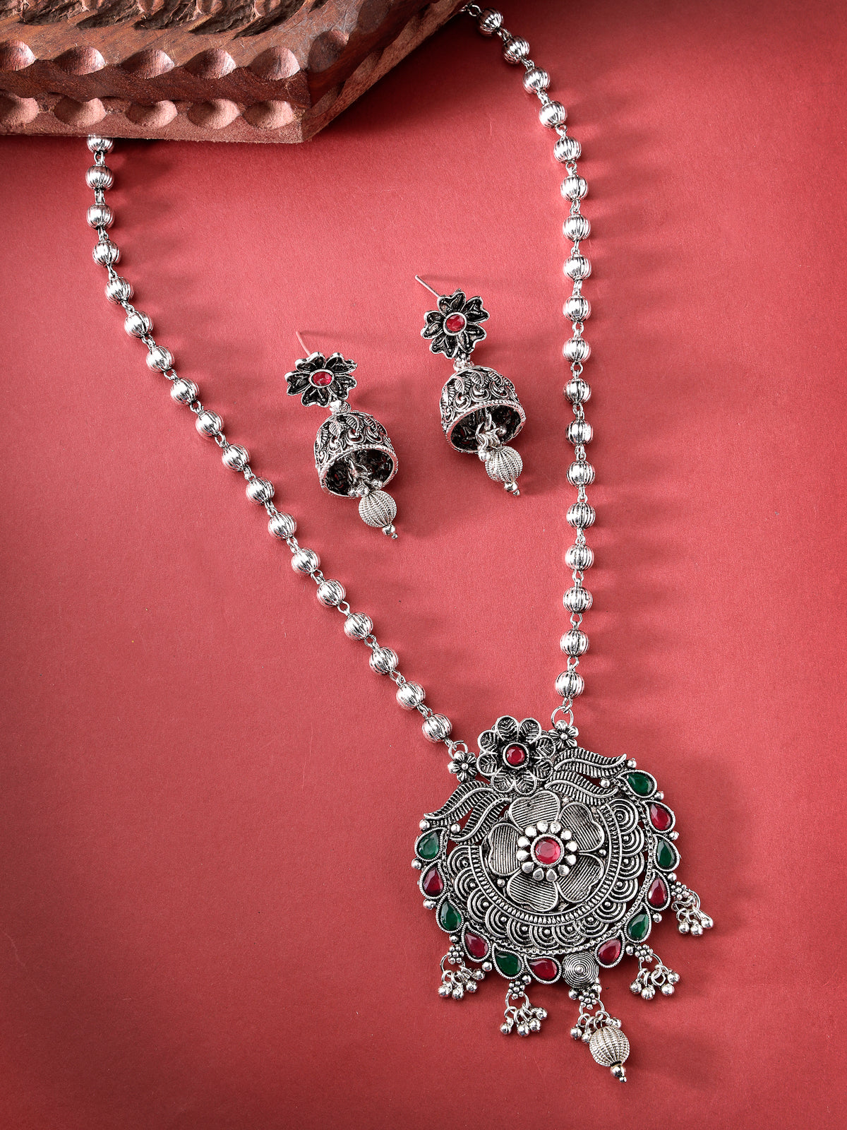 Sukkhi Classic Oxidised Rhodium Plated Silver Long Ball Chain with Floral Pendant Necklace Set & Jhumki/Jhumka Earrings Jewellery Set For Women & Girls|Set of 1|NS106046