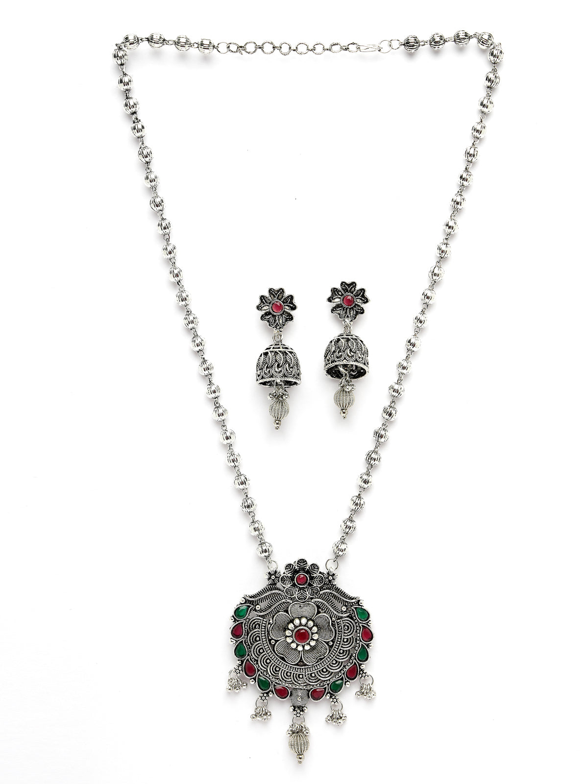 Sukkhi Classic Oxidised Rhodium Plated Silver Long Ball Chain with Floral Pendant Necklace Set & Jhumki/Jhumka Earrings Jewellery Set For Women & Girls|Set of 1|NS106046