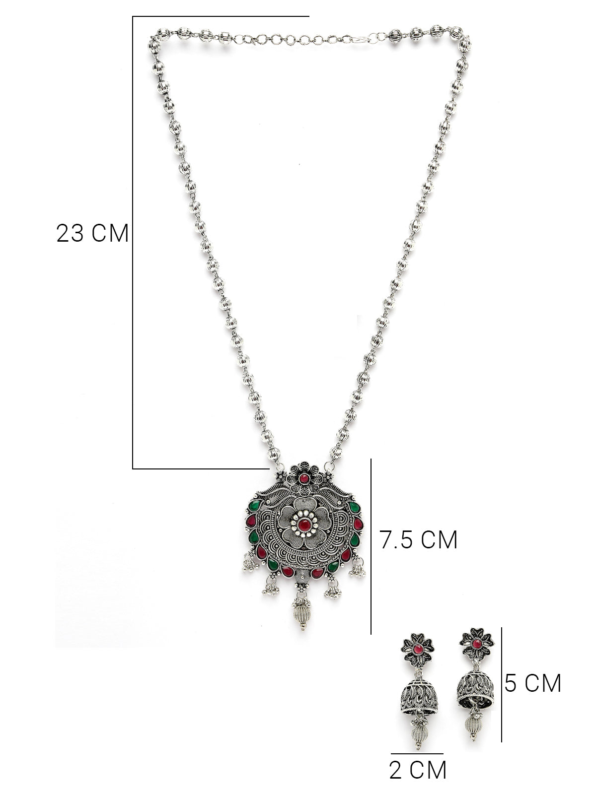 Sukkhi Classic Oxidised Rhodium Plated Silver Long Ball Chain with Floral Pendant Necklace Set & Jhumki/Jhumka Earrings Jewellery Set For Women & Girls|Set of 1|NS106046