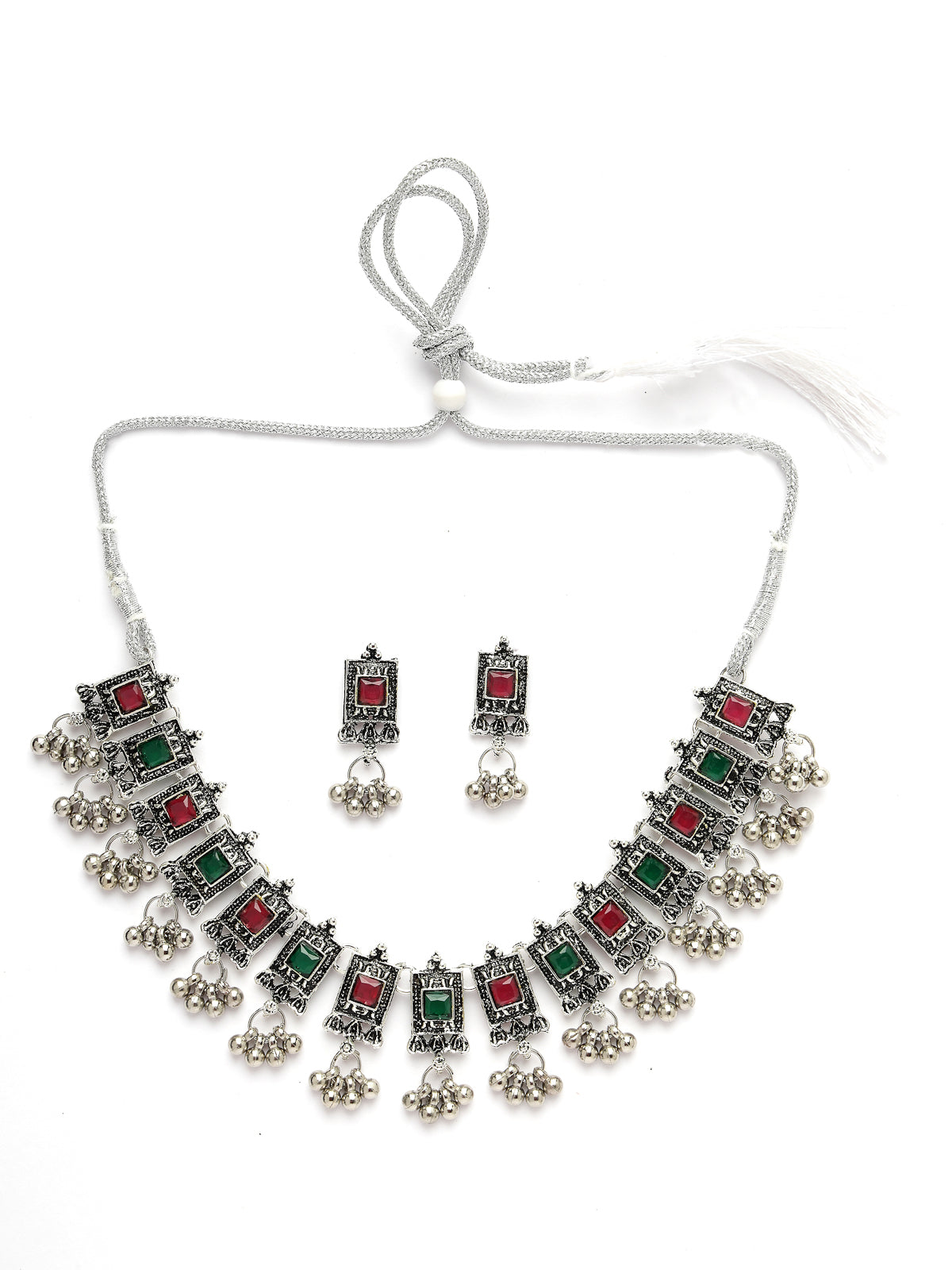 Sukkhi Charming Oxidised Rhodium Silver Plated Red Green Adjustable Choker Necklace Set with Studs Earrings Jewellery Set For Women & Girls|Set of 1|NS106047