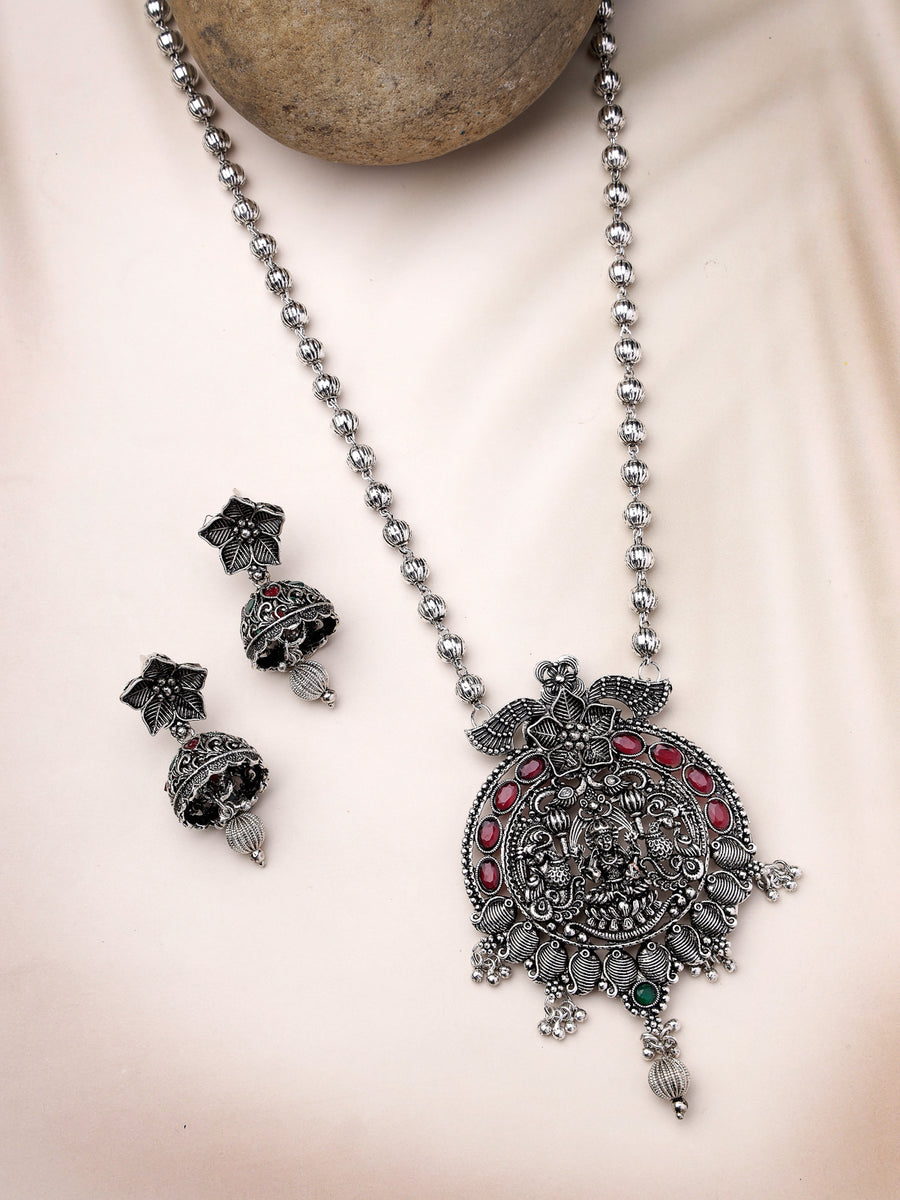 Sukkhi Vintage Ethnic Oxidesed Rhodium Silver Plated Red AD Stones Studded Long Ball Chain with Temple Pendant Necklace Set & Jhumki/Jhumka Earring Jewellery Set For Women & Girls|Set of 1|NS106048