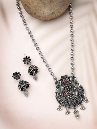 Sukkhi Unique Oxidised Rhodium Silver Plated Long Ball Chain Temple Pendant Necklace Set With Jhumki/Jhumka Earrings Jewellery Set For Women & Girls|Set of 1|NS106049