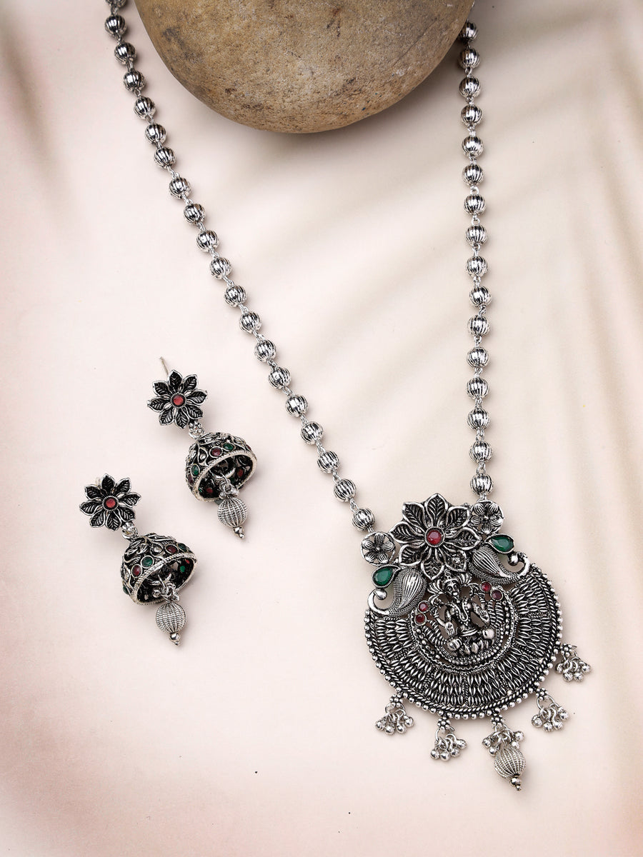 Sukkhi Unique Oxidised Rhodium Silver Plated Long Ball Chain Temple Pendant Necklace Set With Jhumki/Jhumka Earrings Jewellery Set For Women & Girls|Set of 1|NS106049