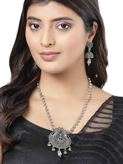 Sukkhi Unique Oxidised Rhodium Silver Plated Long Ball Chain Temple Pendant Necklace Set With Jhumki/Jhumka Earrings Jewellery Set For Women & Girls|Set of 1|NS106049