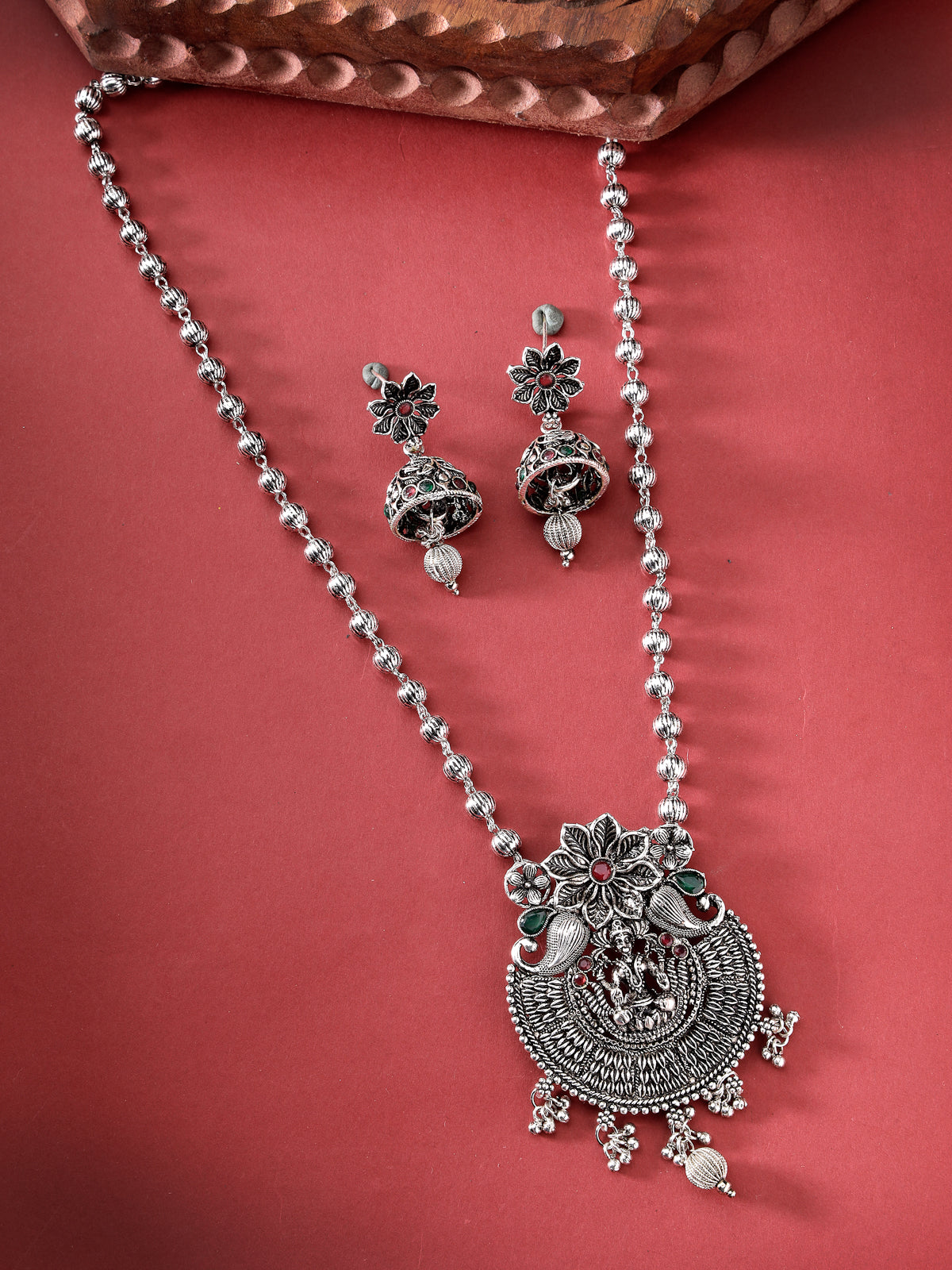 Sukkhi Unique Oxidised Rhodium Silver Plated Long Ball Chain Temple Pendant Necklace Set With Jhumki/Jhumka Earrings Jewellery Set For Women & Girls|Set of 1|NS106049