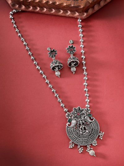 Sukkhi Unique Oxidised Rhodium Silver Plated Long Ball Chain Temple Pendant Necklace Set With Jhumki/Jhumka Earrings Jewellery Set For Women & Girls|Set of 1|NS106049