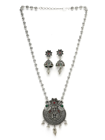 Sukkhi Unique Oxidised Rhodium Silver Plated Long Ball Chain Temple Pendant Necklace Set With Jhumki/Jhumka Earrings Jewellery Set For Women & Girls|Set of 1|NS106049
