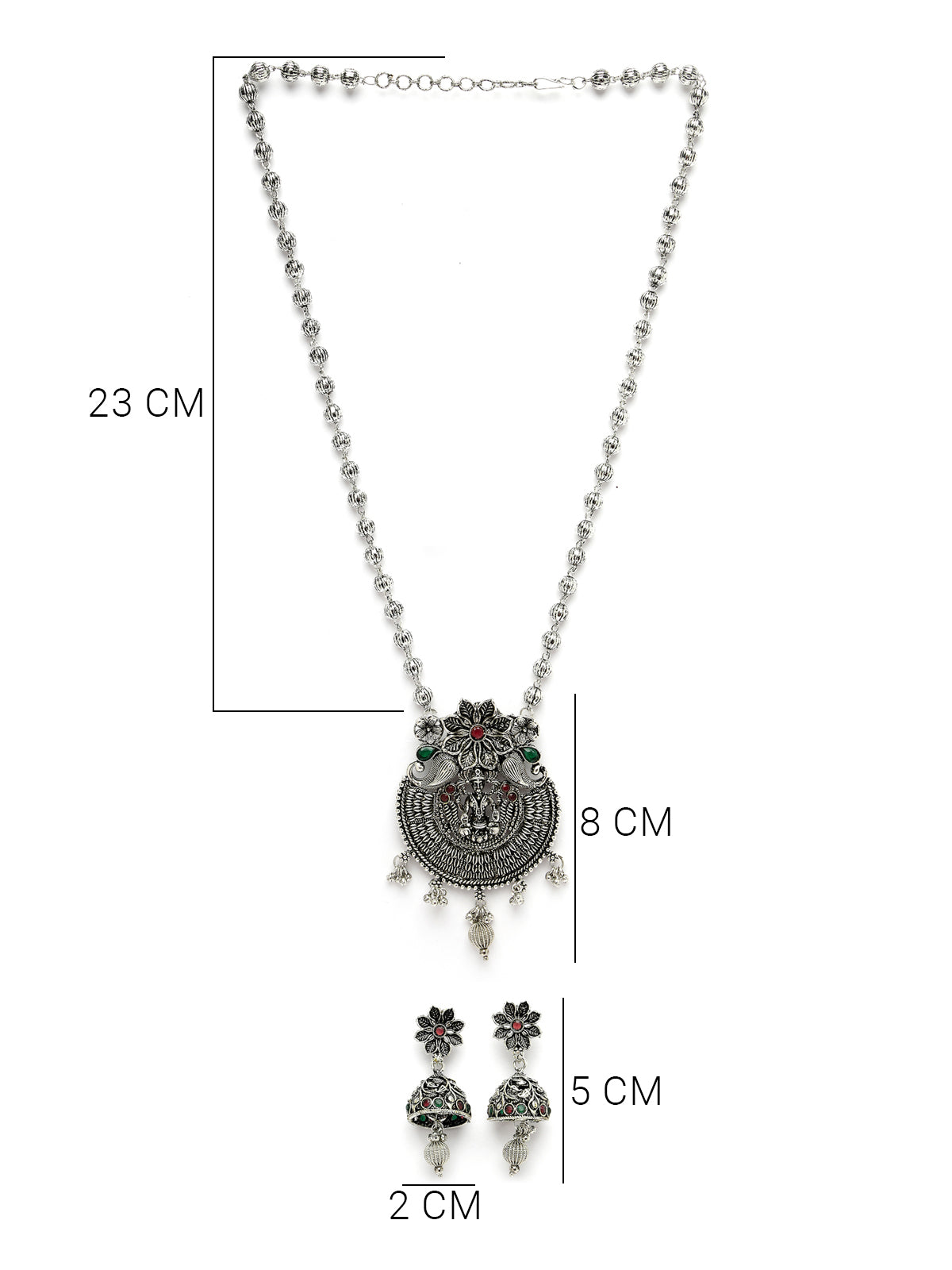 Sukkhi Unique Oxidised Rhodium Silver Plated Long Ball Chain Temple Pendant Necklace Set With Jhumki/Jhumka Earrings Jewellery Set For Women & Girls|Set of 1|NS106049