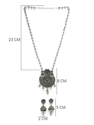 Sukkhi Unique Oxidised Rhodium Silver Plated Long Ball Chain Temple Pendant Necklace Set With Jhumki/Jhumka Earrings Jewellery Set For Women & Girls|Set of 1|NS106049