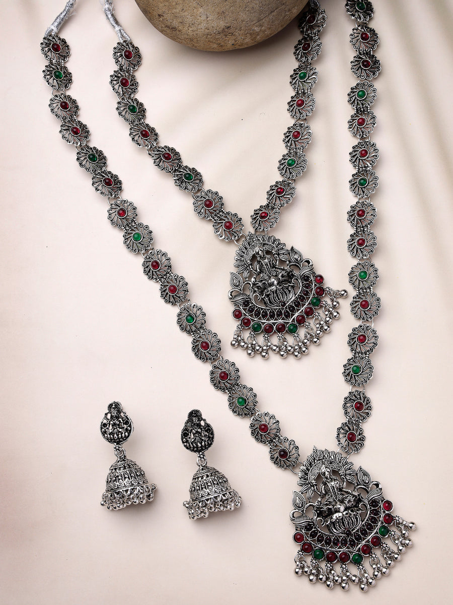 Sukkhi Sparkling Oxidised Rhodium Silver Plated Choker & Long Temple Necklace Set with Jhumki/Jhumka Earring Jewellery Set For Women & Girls|Set of 1| NS106050