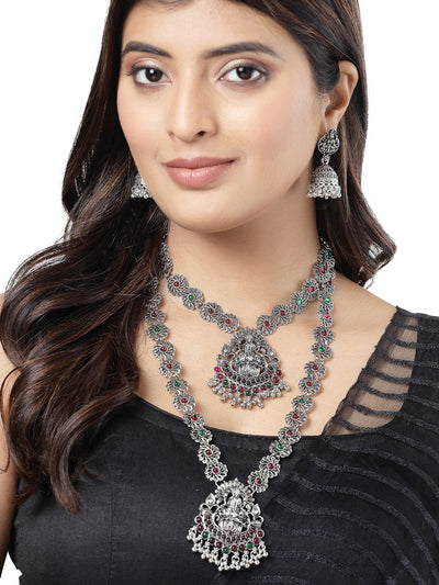 Sukkhi Sparkling Oxidised Rhodium Silver Plated Choker & Long Temple Necklace Set with Jhumki/Jhumka Earring Jewellery Set For Women & Girls|Set of 1| NS106050