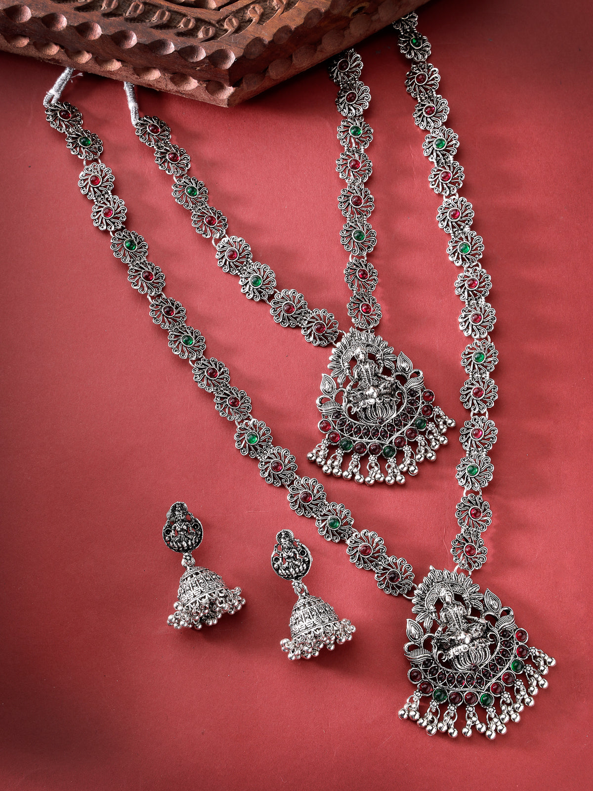 Sukkhi Sparkling Oxidised Rhodium Silver Plated Choker & Long Temple Necklace Set with Jhumki/Jhumka Earring Jewellery Set For Women & Girls|Set of 1| NS106050