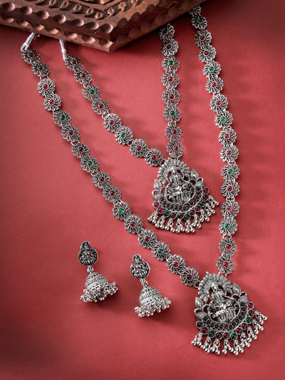 Sukkhi Sparkling Oxidised Rhodium Silver Plated Choker & Long Temple Necklace Set with Jhumki/Jhumka Earring Jewellery Set For Women & Girls|Set of 1| NS106050