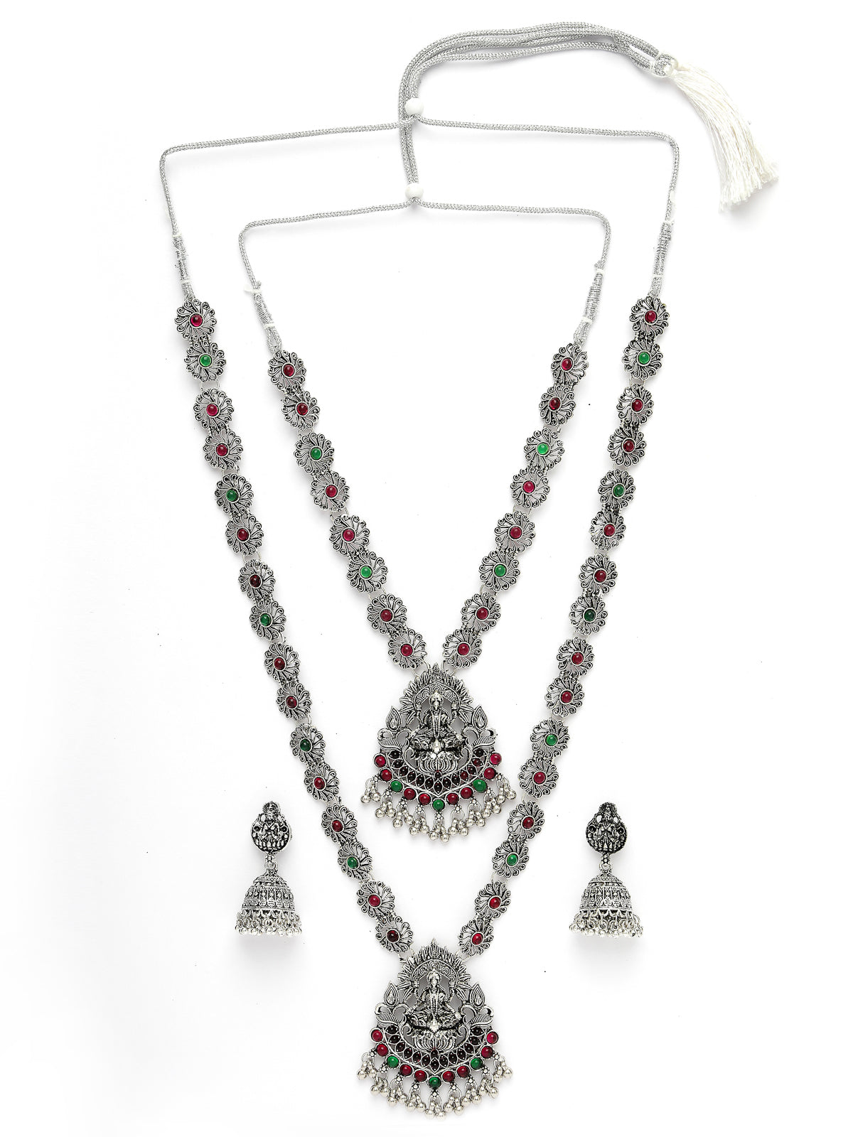 Sukkhi Sparkling Oxidised Rhodium Silver Plated Choker & Long Temple Necklace Set with Jhumki/Jhumka Earring Jewellery Set For Women & Girls|Set of 1| NS106050